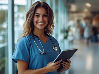 Smiling healthcare professional holding a tablet in a modern hospital corridor during the day