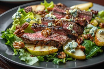 Steak Salad: Grilled Beef Fillet with Pears, Walnuts, Blue Cheese Sauce on Plate