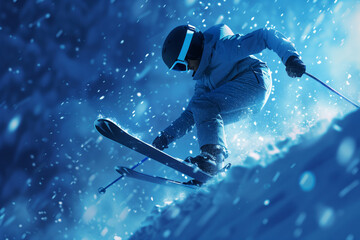 Dynamic Abstract Depiction of a Ski Jumper Navigating a Frosty Blue Mountain Landscape at Dusk