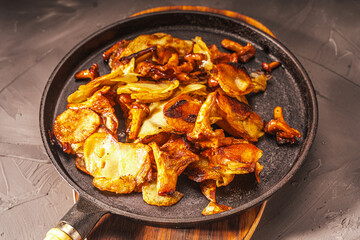 Fried potatoes with mushrooms Chanterelles in a black cast-iron frying pan with a fork on a gray background