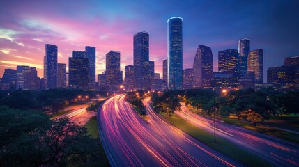 Houston Skyline at Sunset with Traffic