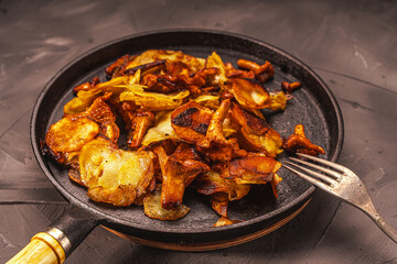 Chanterelle mushrooms fried with potatoes in a cast-iron pan. Vegetarian autumn dish.