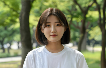 Portrait of young teenager Asian girl with white shirt on a blurred forest background. Korean Japanese youth.