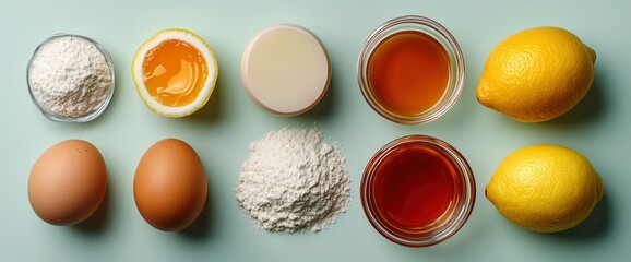 Baking Ingredients, Top View, Eggs, Flour, Honey, Lemon, Creamy Textures, Organized