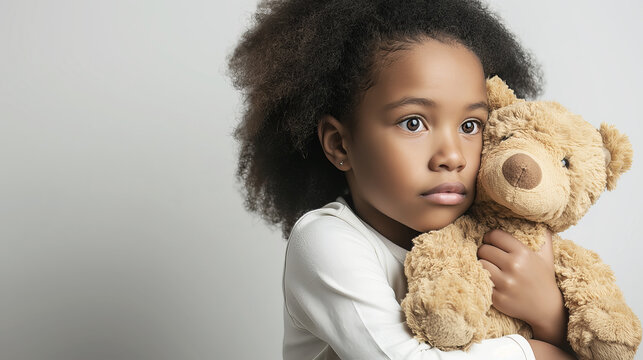 Young, pensive child with fluffy hair hugging a soft teddy bear, child innocence concept