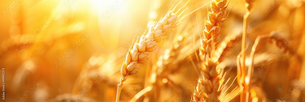 Poster Close-up of golden ripe wheat ears illuminated by warm sunlight, representing quality inspection in a summer field and symbolizing the grain trade and market exchange.