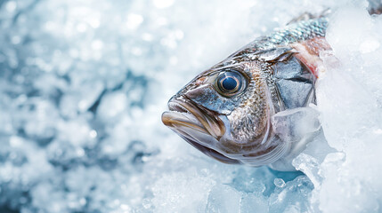 Fototapeta premium Fresh fish on ice, close-up of seafood, chilled fish market display, food freshness concept