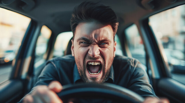 Frustrated man yelling while driving a car, expressing road rage during heavy traffic. The image captures intense emotions and stress behind the wheel in an urban environment
