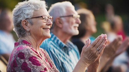 Senior couple clapping, enjoying outdoor event, elderly people applauding, happy moments, senior lifestyle concept