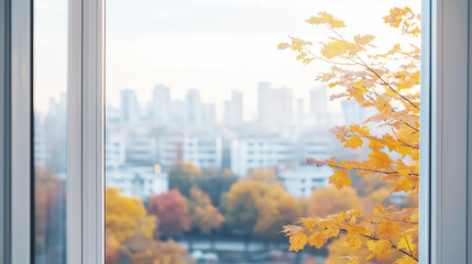 Cityscape view from window with autumn leaves, urban skyline, morning fog, yellow foliage, serene atmosphere, autumn vibes concept