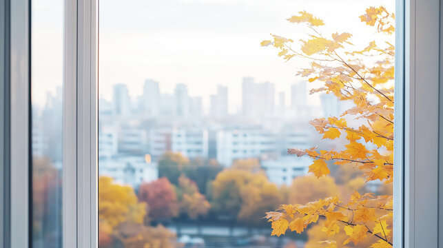 Cityscape view from window with autumn leaves, urban skyline, morning fog, yellow foliage, serene atmosphere, autumn vibes concept