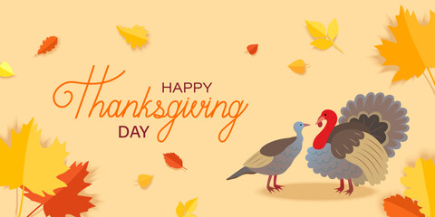 Happy Thanksgiving day banner. Turkeys and autumn leaves on a yellow background.	
