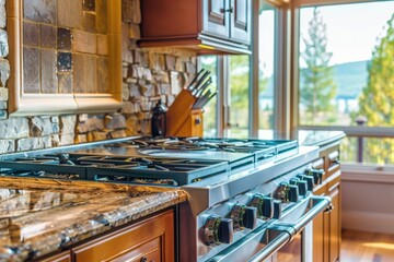 Stovetop in Modern Kitchen with Stone Counters and Cherry Cabinets