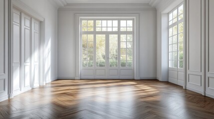 Obraz premium Empty Room with Large Windows and Wooden Floor