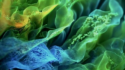 The image captures an intricate close-up of colorful bioluminescent sea life. The scene features vibrant abstract patterns in shades of green, blue, and orange, showcasing the mesmerizing details of