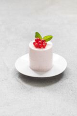 Modern Red Currant Cream pudding cylindrical shape. Panna Cotta.