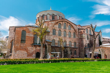 Fototapeta premium Church of Hagia Irene in Istanbul. View of the facade of the Church of Hagia Irene in Istanbul from the park near Topkapi.
