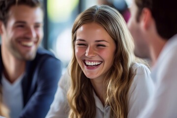 Obraz premium A group of young professionals in an office setting gathered around a table laughing together during their team meeting or training session.