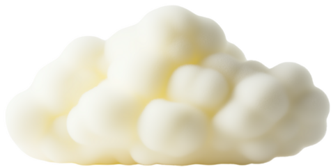 A soft, fluffy white cloud shaped in a whimsical formation against a transparent background.