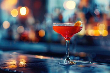 Elegant cocktail in a glass garnished, set against a blurred background of warm lights. Perfect for a sophisticated night out, bars, parties, and celebratory events.