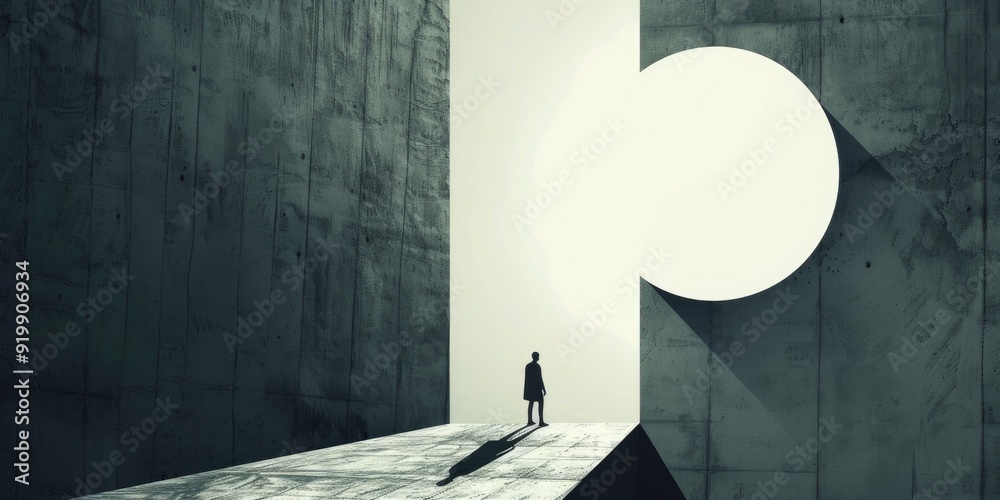 Poster a person stands near a large white circle, perfect for use as a background or focal point