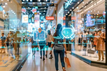 Obraz premium Shoppers stroll through a bustling mall, surrounded by colorful holographic displays and engaging digital graphics.