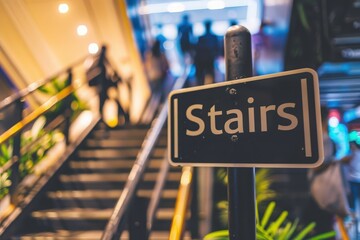 In a lively stairwell, people ascend and descend while a sign points the way to the stairs, framed by greenery.