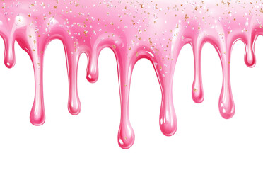  Dripping glossy pink slime with glitter isolated on white background. Glossy pink caramel icing. Jelly or caramel icing for cake or donut.
