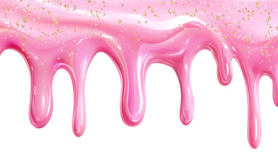  Dripping glossy pink slime with glitter isolated on white background. Glossy pink caramel icing. Jelly or caramel icing for cake or donut.