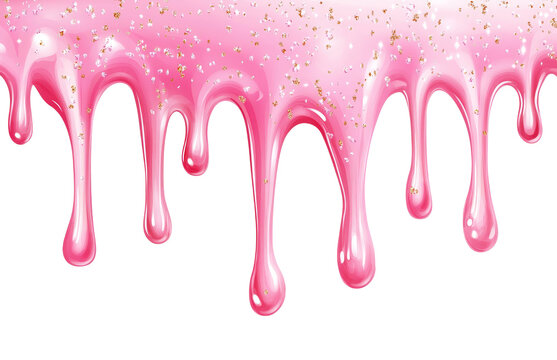  Dripping glossy pink slime with glitter isolated on white background. Glossy pink caramel icing. Jelly or caramel icing for cake or donut.
