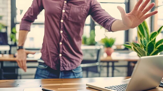 A person explains a concept using hand gestures while standing in a bright office