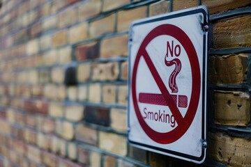A prominent No Smoking sign displayed against a colorful brick wall, conveying a clear anti-smoking message in a public space.