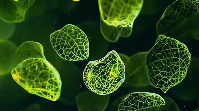 The video shows a close-up view of green algae displaying intricate leafy structures. The vibrant green color and delicate details suggest a sunny daytime environment, giving a fresh and lively mood.