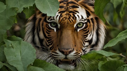Fototapeta premium Close-up of a tiger’s face peeking through the leaves