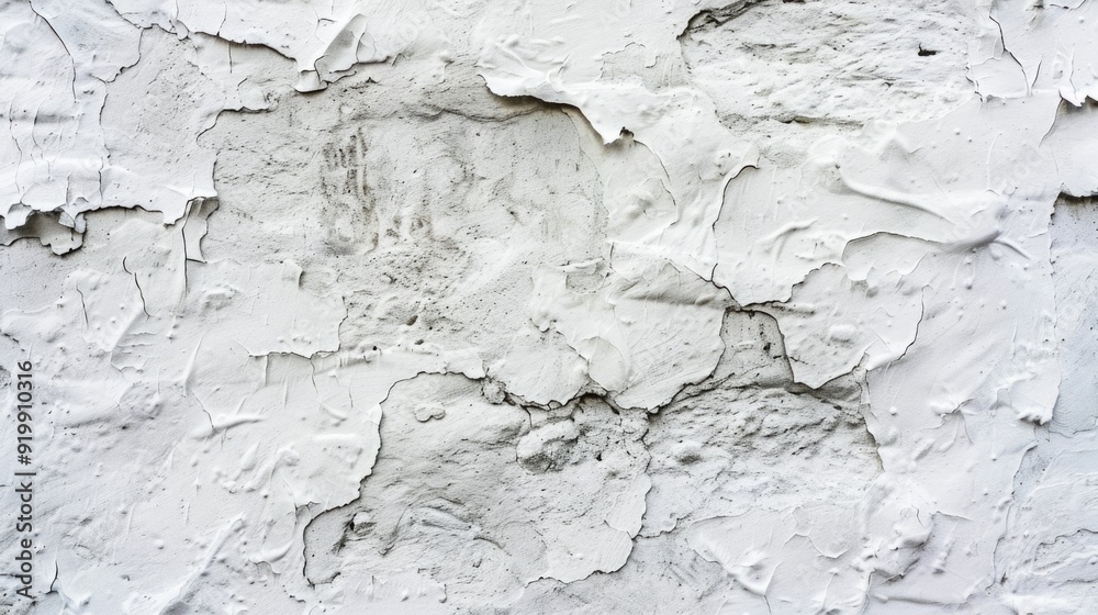 Poster close-up of a worn-out white wall with peeling paint, ideal for use in interior design or architectu