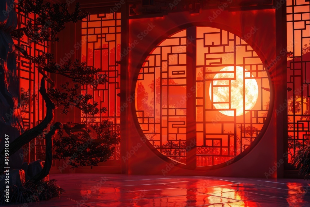 Poster a circular window framing the sunset, with warm tones and soft lighting