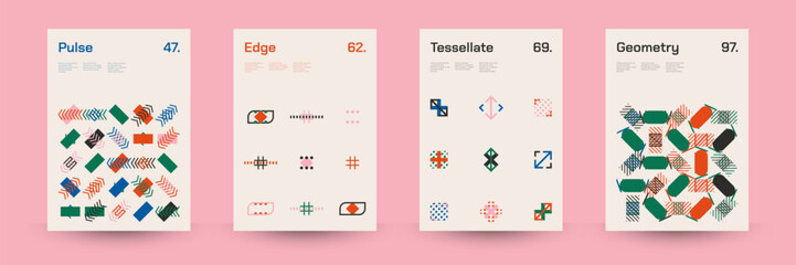 Comprehensive Set of Geometric Patterns: Ideal for Designers, Featuring a Wide Range of Symmetrical Shapes and Repeating Motifs for Versatile Use in Digital and Print Projects. Vector Illustration.
