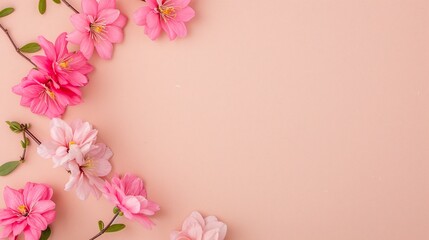 Naklejka premium Pink and white camellia flowers arranged on a pastel peach background. Flat lay floral composition with ample copy space, ideal for greeting cards, invitations, banners, posters, and wedding designs.