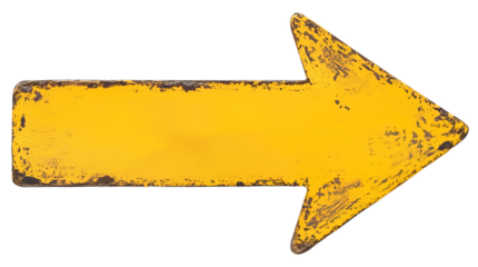 A weathered yellow arrow sign pointing right, symbolizing direction and guidance.