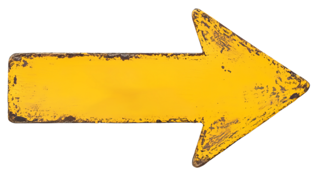 A weathered yellow arrow sign pointing right, symbolizing direction and guidance.