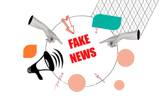 Collage con dos manos femeninas apuntando hacia la palabra noticias falsas en rojo junto a elementos geométricos sobre un fondo blanco. Vista de frente y de cerca. Copy space