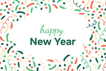 Happy New Year card confetti. Curl, swirl, cracker. Party popper. Space for text congratulations on holiday. Explosion serpentine ribbons. Festive surprise. Horizontal banner. Vector flat illustration