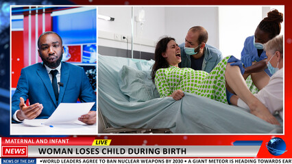 Breaking news person loses child during childbirth, tv reporter announcing sad story about maternal complication when giving birth. African american man works as news journalist in newsroom.