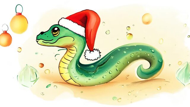 A vibrant green serpent with a Santa hat embraces the holiday spirit in this joyful artwork