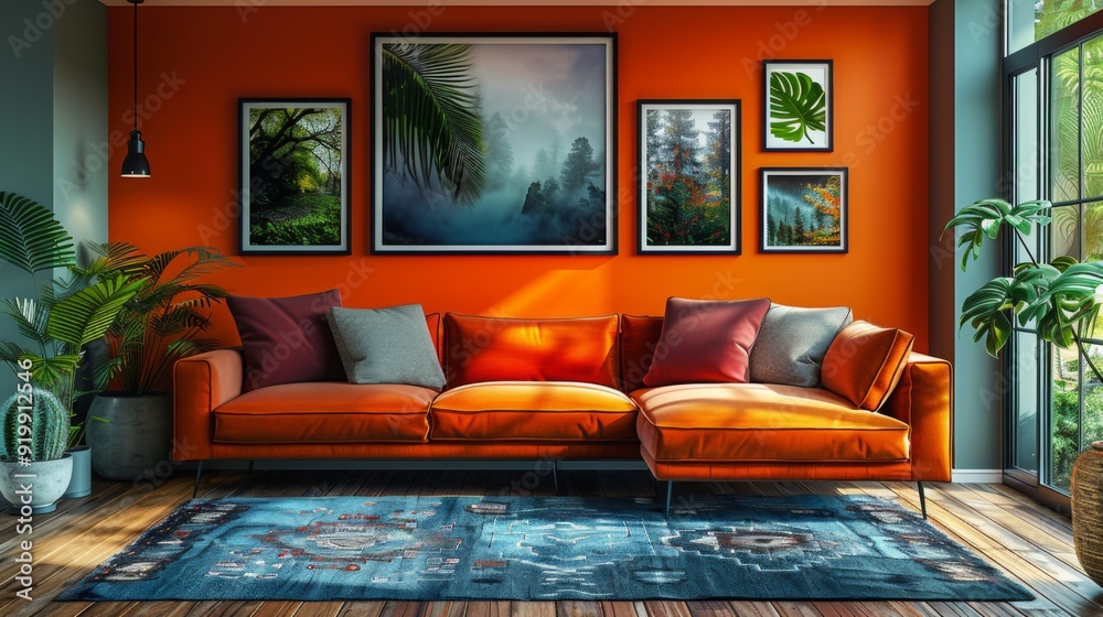 Poster Create a modern living room with a gallery wall, showcasing a collection of framed artwork, photographs, and prints.