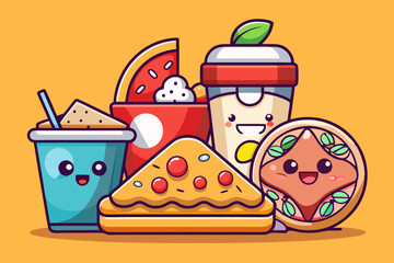 Pizza And Cola Cartoon Vector Icon Illustration, Food And Drink Icon Concept Isolated Premium Vector, Flat Cartoon Style