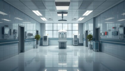 Obraz premium Modern Hospital Corridor with Medical Equipment and Plants.