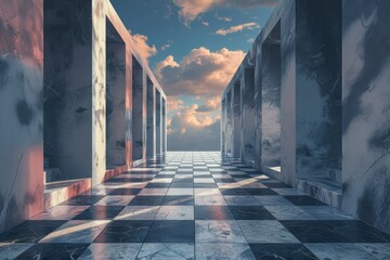 Floating Chessboard Pathway With Abstract Podium Under Cloudy Sky