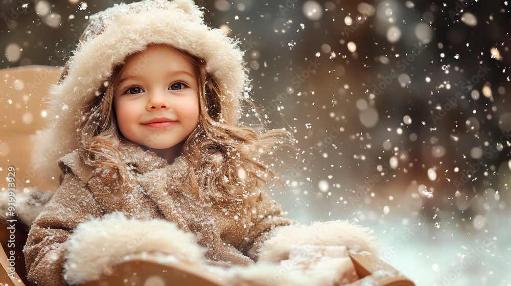 Wall mural a little girl in the snow wearing a beige winter outfit