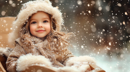 Fototapeta premium a little girl in the snow wearing a beige winter outfit